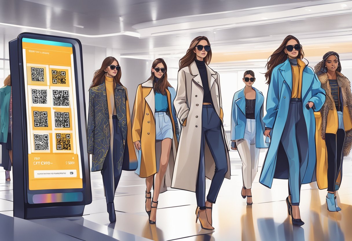 A fashion runway with models showcasing outfits featuring digital wallets and QR codes, while a large screen displays real-time cryptocurrency transactions